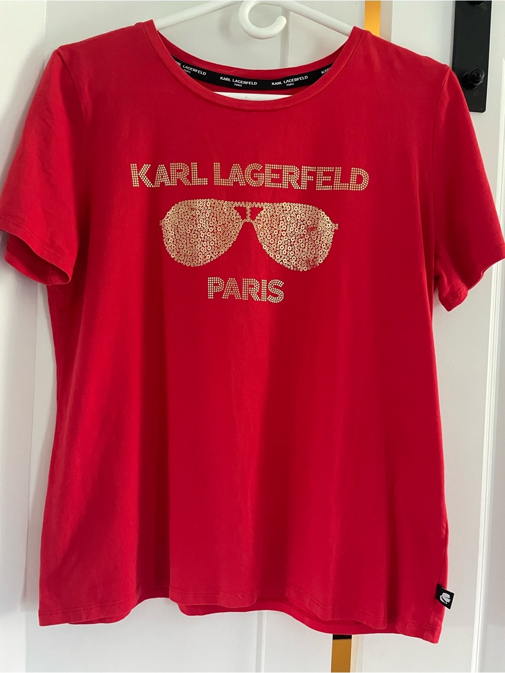 Karl Lagerfeld Kids Red T-Shirt with Gold Sequin Sunglasses Logo
